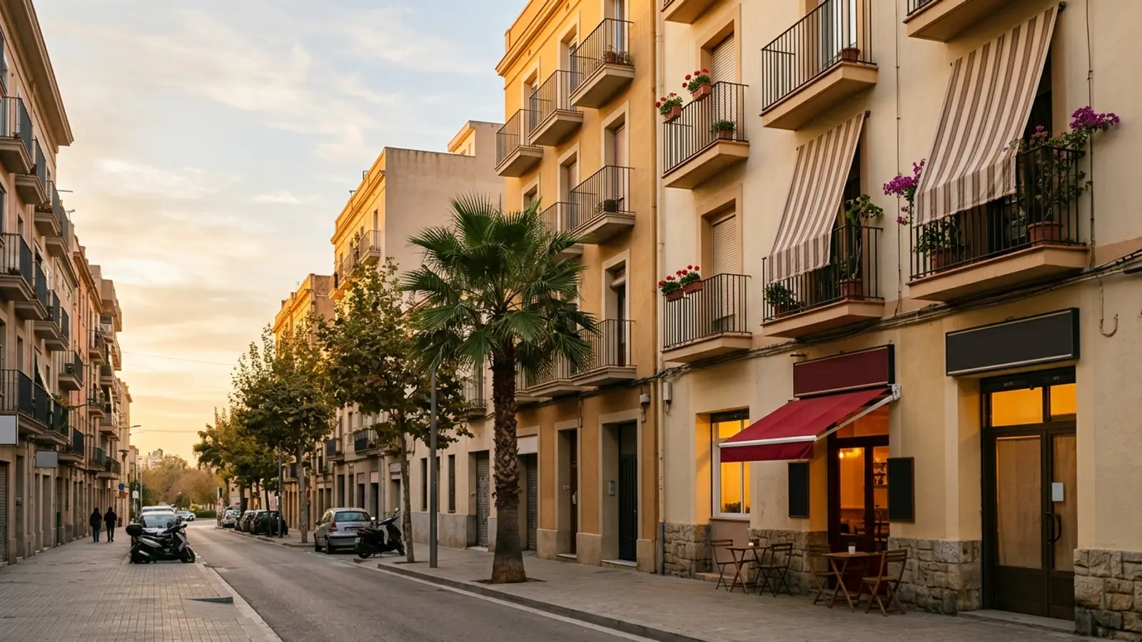 Street in a residential neighbourhood with apartment buildings and a ground-floor shop